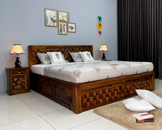 Sheesham Wood Bed with Drawer Storage (King Size) - Niwar Design
