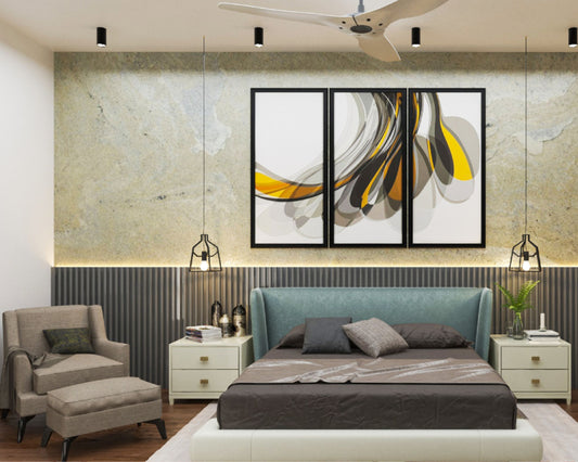 BHS Interio Modern Master Bedroom Wall Paneling With Louvers And Stone Wallpaper - Wall Arts
