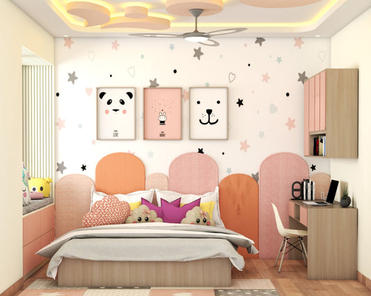 BHS Interio Contemporary Kids Bedroom Wall Paneling For Girls WIth Wallpaper And Tufted Headboard