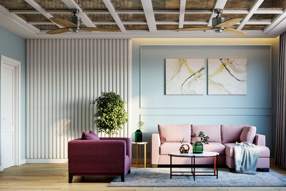 BHS Interio Minimal Blue And White Living Room Wall Paneling with Louvers & Wall Trims