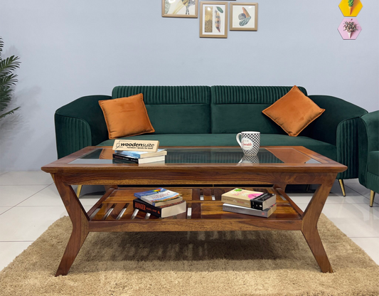 Sheesham Wood Coffee Table/ Centre Table-Glass Top Design