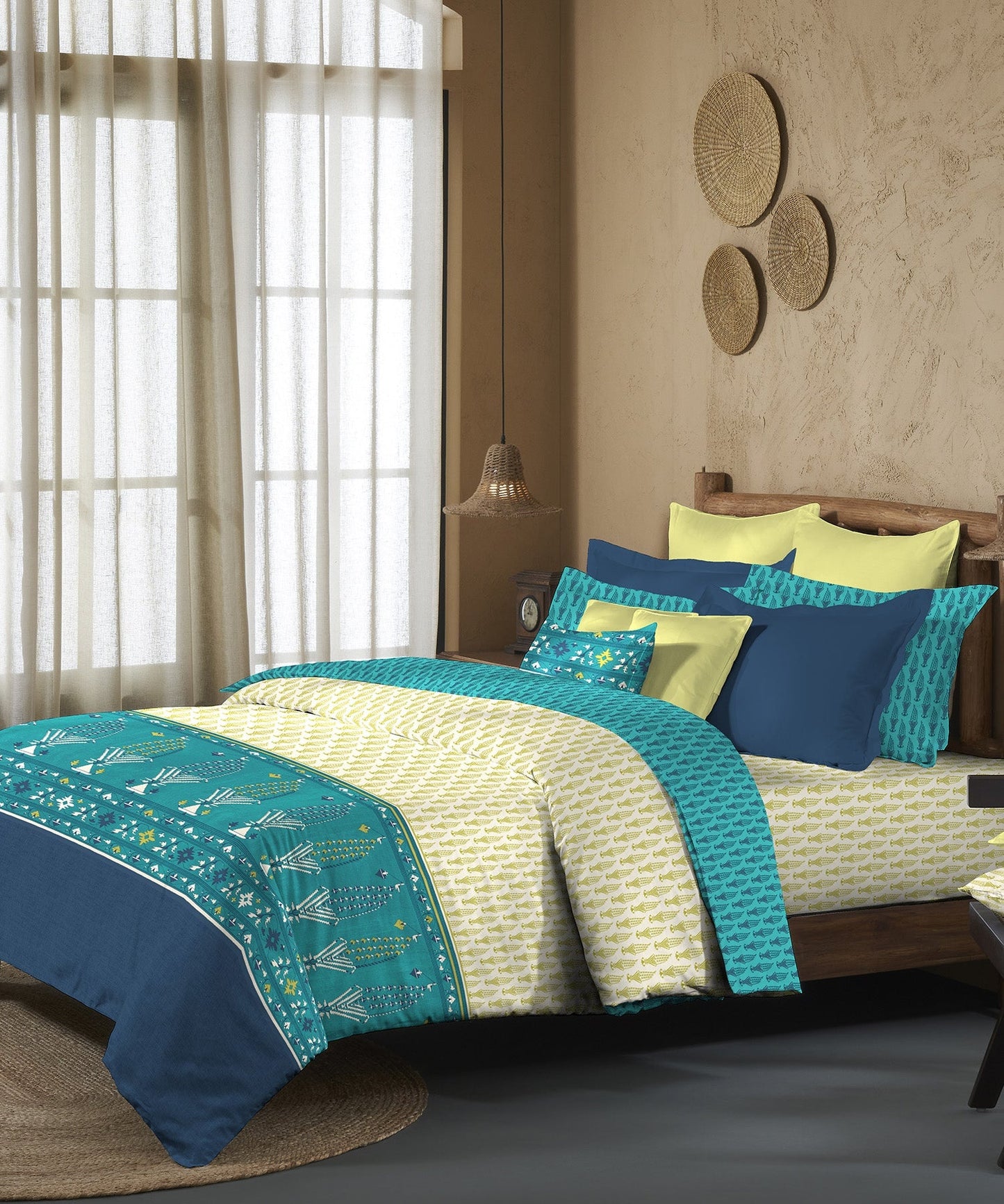 Sanskriti Paithani Teal King Bedsheet With 2 Pillow Cover, 144Tc, 100% Cotton, Floral, Green