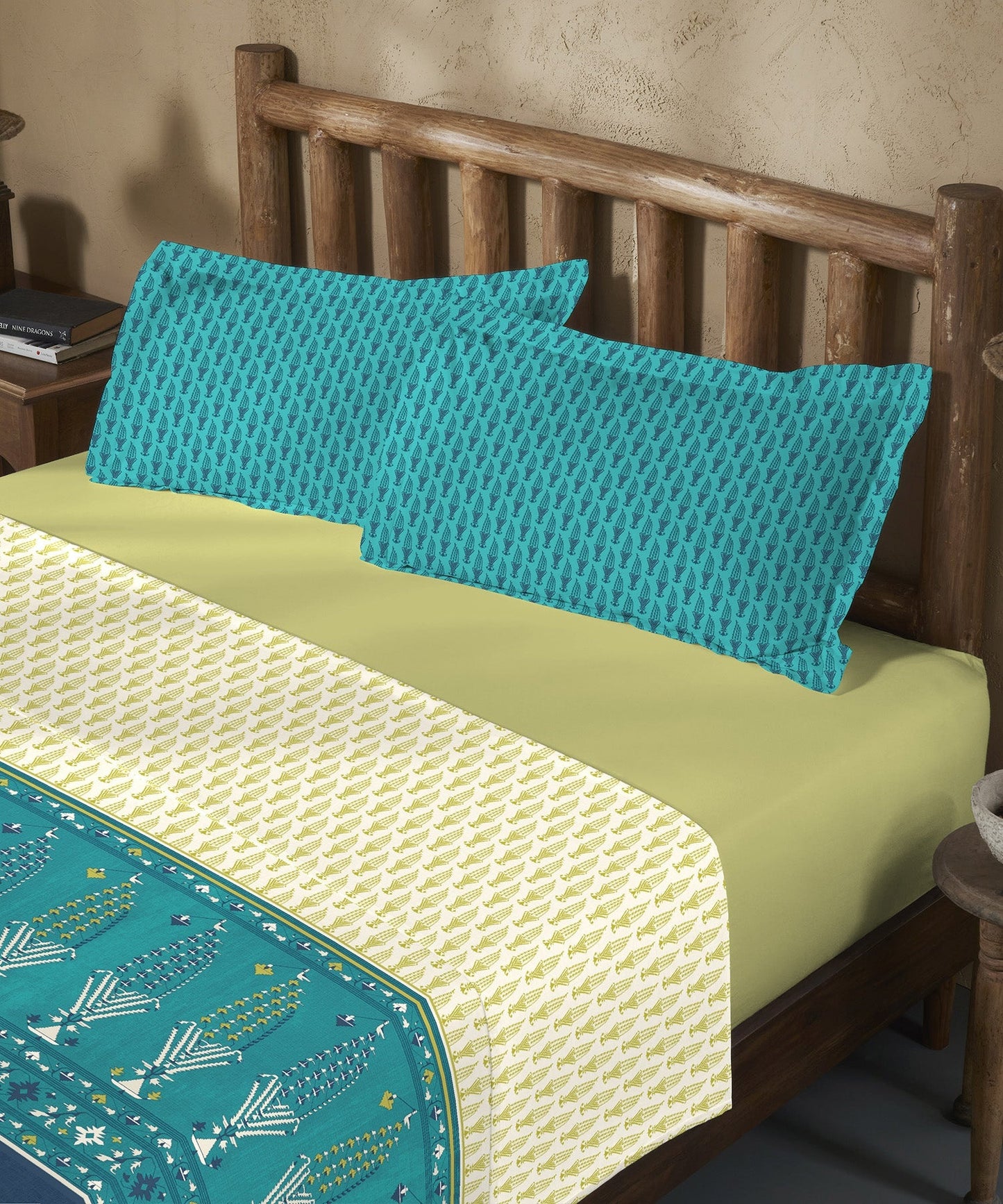 Sanskriti Paithani Teal King Bedsheet With 2 Pillow Cover, 144Tc, 100% Cotton, Floral, Green