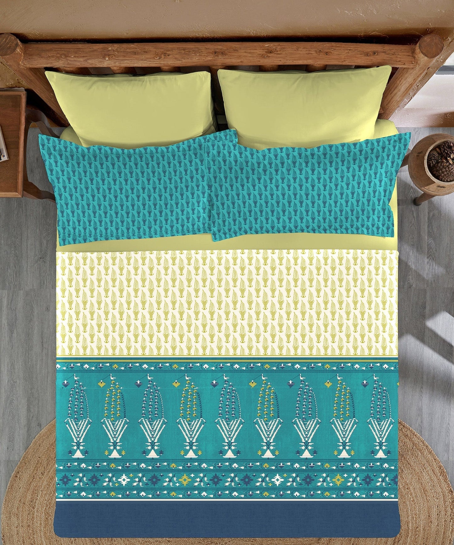 Sanskriti Paithani Teal King Bedsheet With 2 Pillow Cover, 144Tc, 100% Cotton, Floral, Green