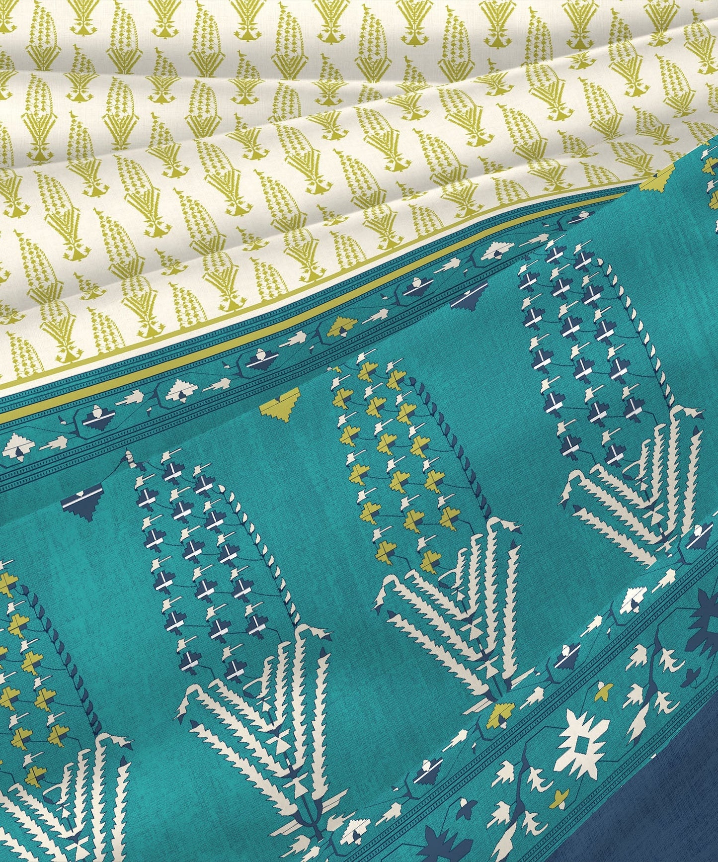 Sanskriti Paithani Teal King Bedsheet With 2 Pillow Cover, 144Tc, 100% Cotton, Floral, Green