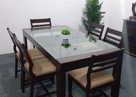 Sheesham Wood Dining Table -Glass Top Design