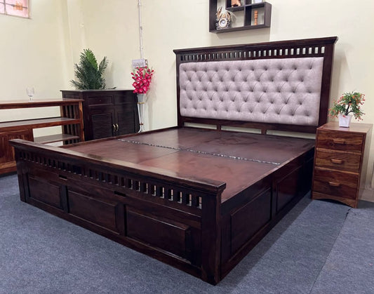 Sheesham Wood Bed with Drawer Storage (King Size) - Kuber Quilt Highback Design