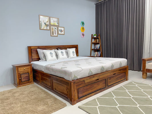 Sheesham Wood Bed in Storage & Drawer - Wooden Group Design - King Size