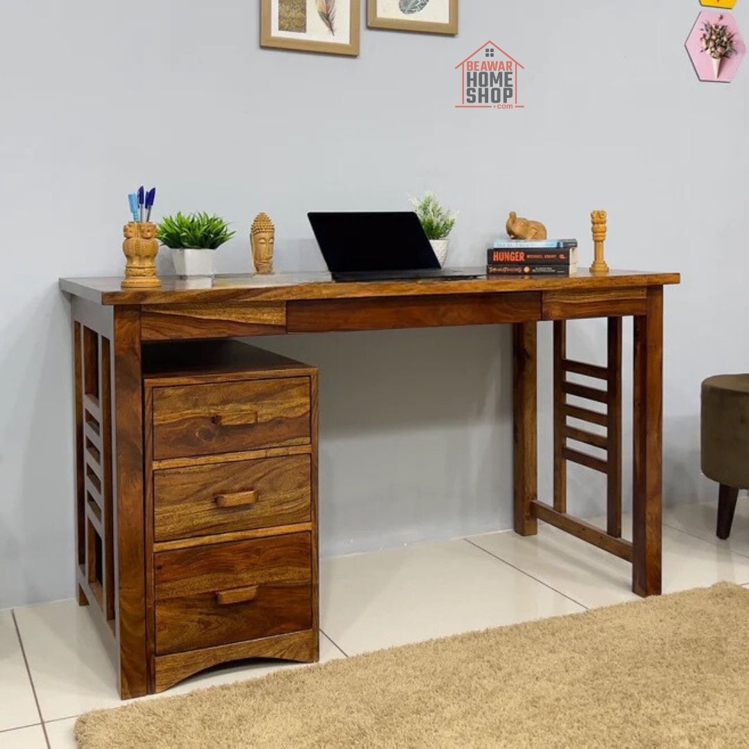 Study Table with removable Storage Compartments and keyboard tray - Natural finish