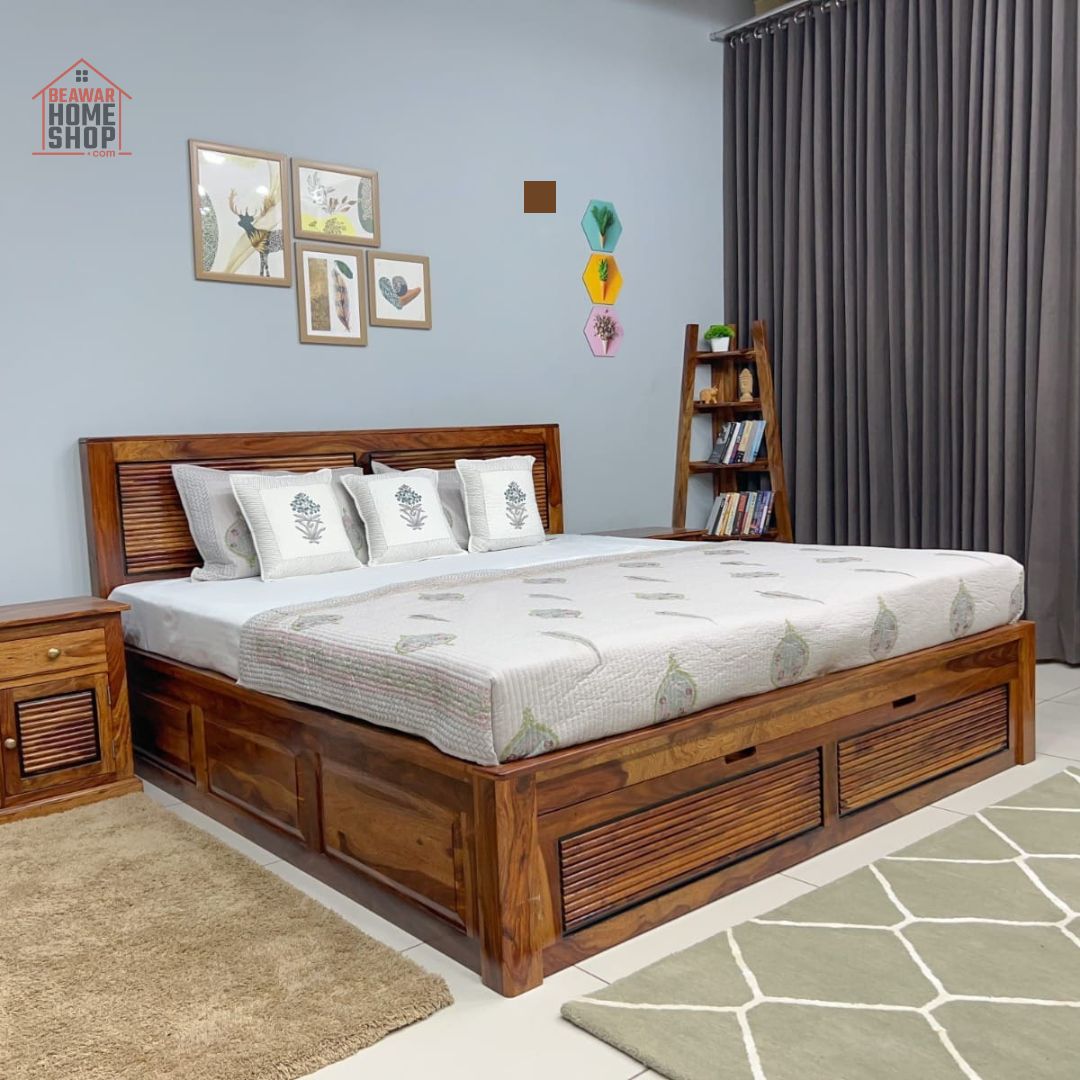 Sheesham Wood Bed in Storage & Drawer - Wooden Niwars Design - King Size