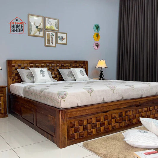 Sheesham Wood Bed in Storage & Drawer - Wooden Niwars Design - King Size