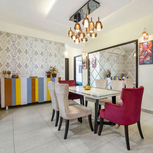 BHS Interio Eclectic Dining Room Wall Paneling with Mosaic Mirror & Wallpaper