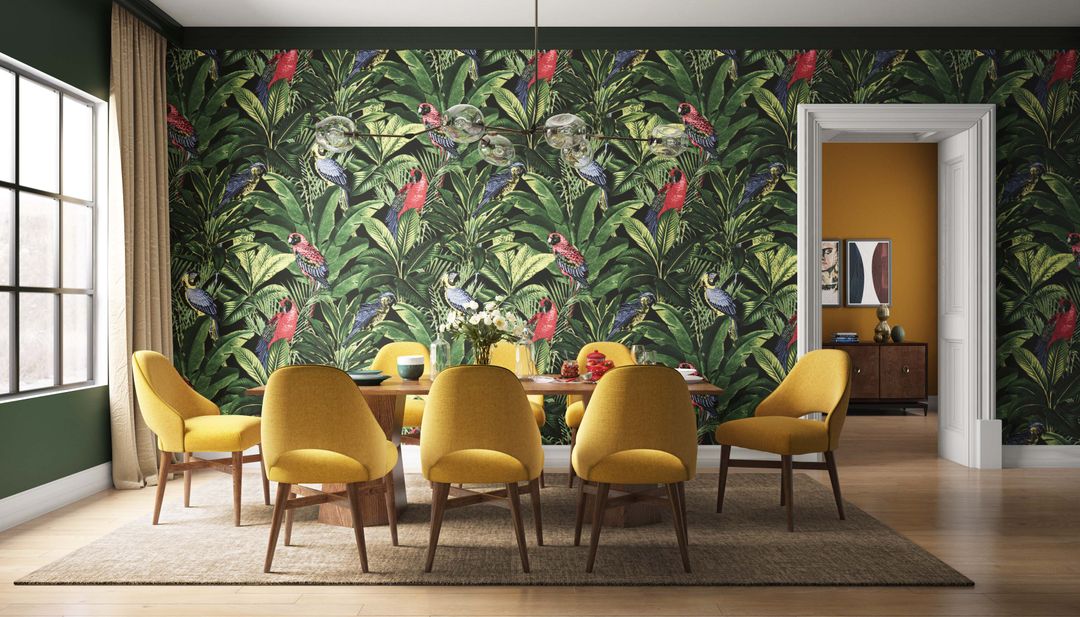 BHS Interio Tropical Dining Room Wall Paneling with Wallpaper