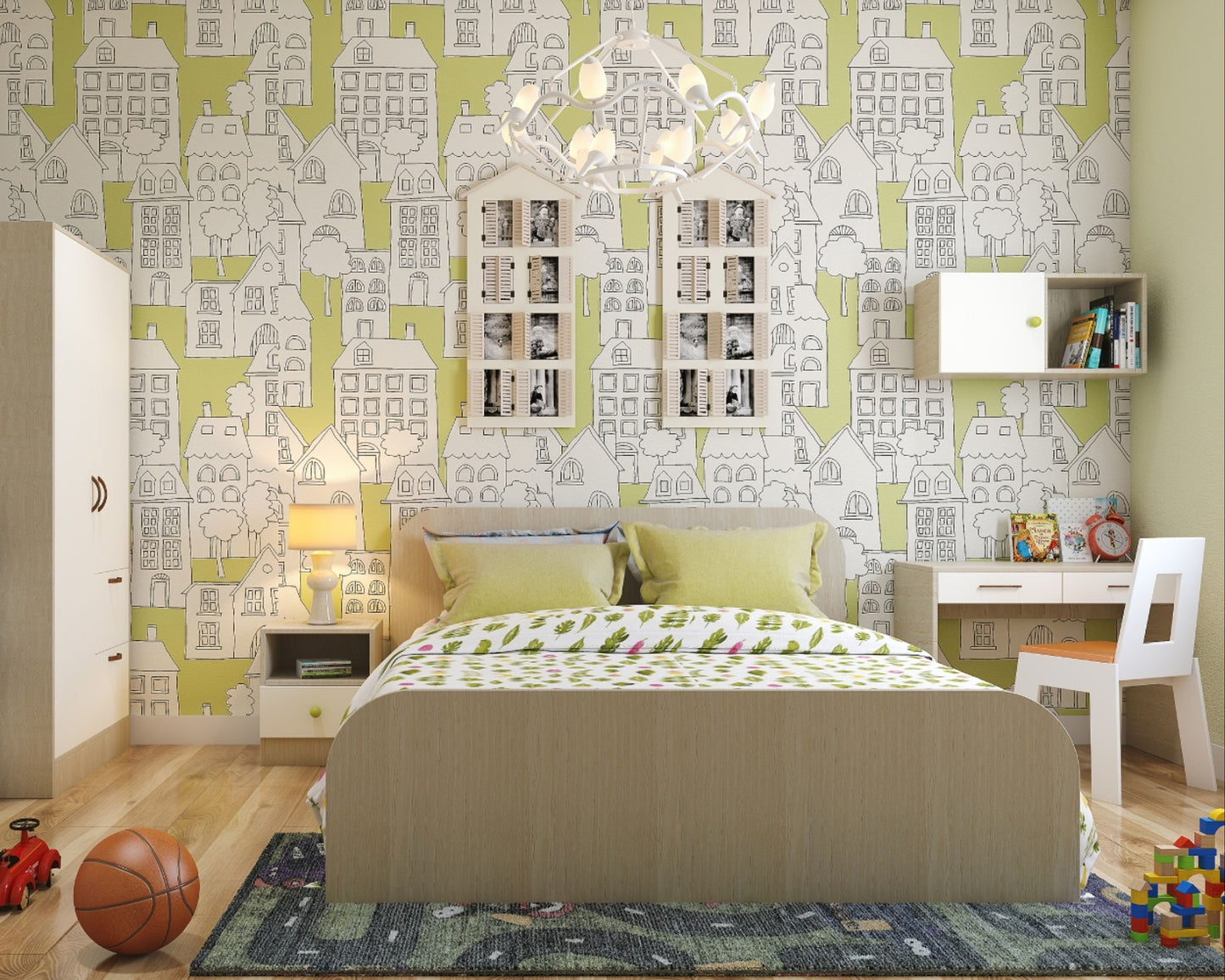 BHS Interio Modern Kids Bedroom Wall Paneling with Doodle Art Wallpaper