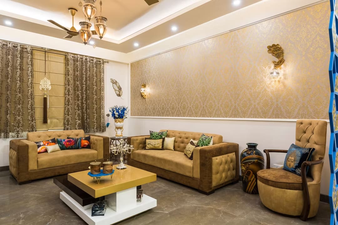 BHS Interio Traditional Gold-Toned Living Room Wall Paneling with Wall Trims & Wallpaper