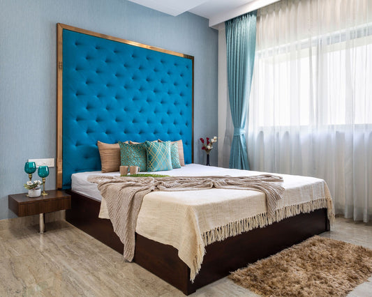BHS Interio Modern Master Bedroom Wall Paneling With Metal Frame Cushion And Wallpaper