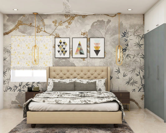 BHS Interio Contemporary Master Bedroom Wall Paneling With Printed Wallpaper And Wall Arts