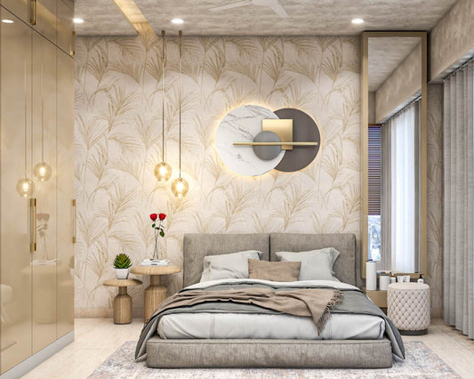 BHS Interio Modern Master Bedroom Wall Paneling With Wallpaper And Wall-Mounted Dresser