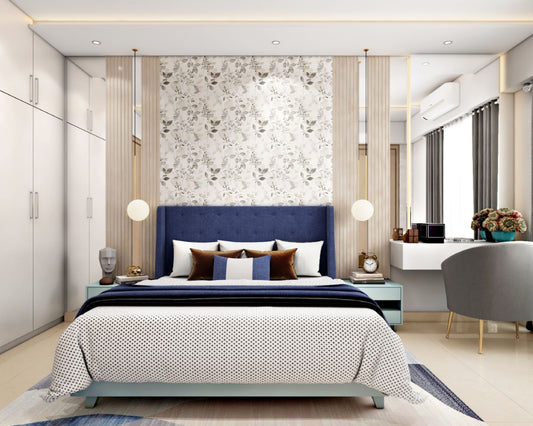 BHS Interio Modern Master Bedroom Wall Paneling With Fluted Panel And Leafy Wallpaper Vertical Mirror