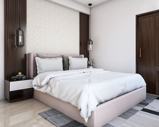 BHS Interio Modern Master Bedroom Wall Paneling With Louvers And Patterned Wallpaper