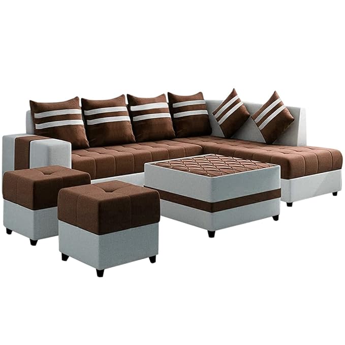 Stylio 8 Seater RHS L Shape Sofa Set with Centre Table & 2 Puffy Fabric (Brown-Light Grey)