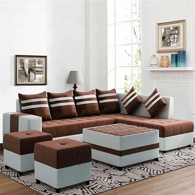 Stylio 8 Seater RHS L Shape Sofa Set with Centre Table & 2 Puffy Fabric (Brown-Light Grey)