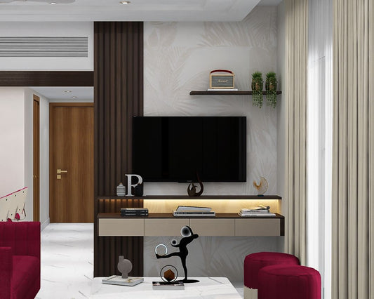 BHS Interio Modern TV Unit Wall Paneling with Louvers & Wallpaper