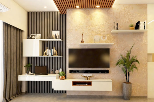 BHS Interio Contemporary Tv Unit Wall Paneling With Louvers & Wallpaper