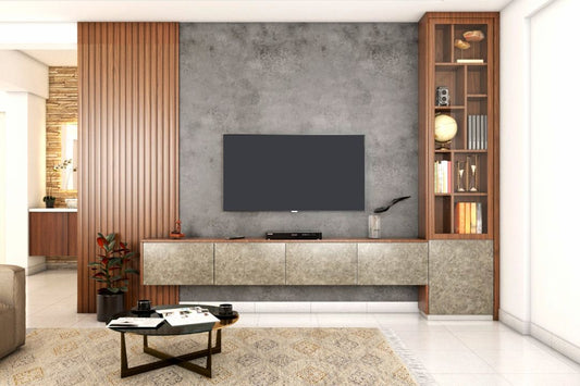 BHS Interio Contemporary Tv Unit Wall Paneling With Louvers & Wallpaper