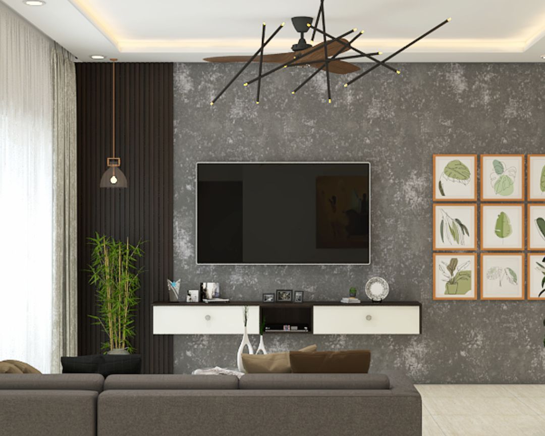 BHS Interio Modern TV Unit Wall Paneling with Louvers & Wallpaper