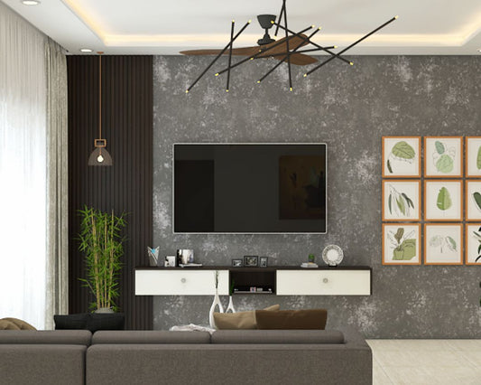 BHS Interio Modern TV Unit Wall Paneling with Louvers & Wallpaper
