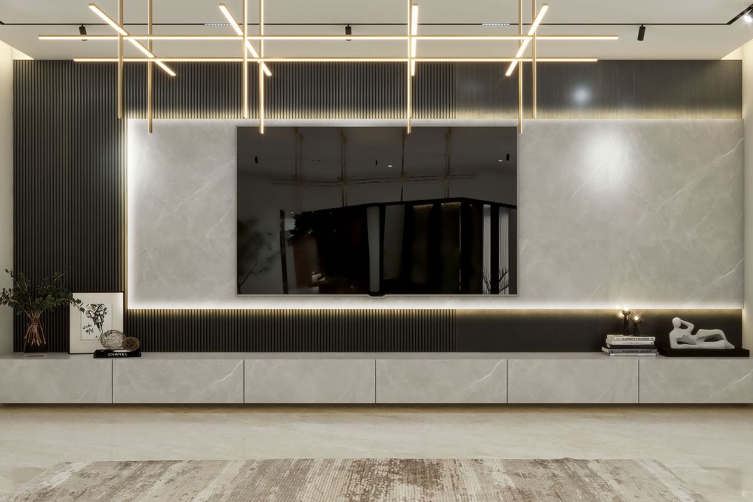 BHS Interio Contemporary TV Unit Wall Paneling with Louvers & Laminate