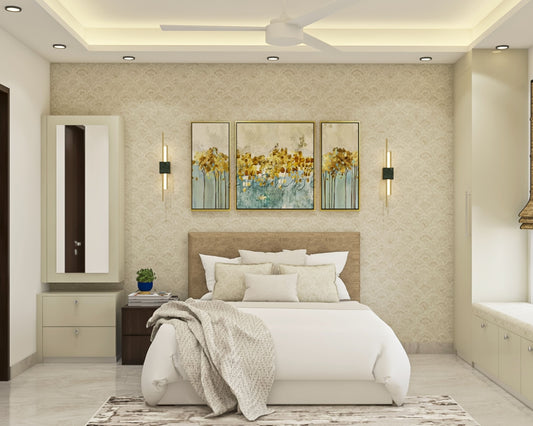 BHS interio Modern Beige Master Bedroom Wall Paneling With Patterned Wallpaper And Wall Arts